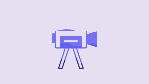 紫色の背景に隔離されたブルーレトロ映画カメラのアイコン ビデオカメラ 映画のサインだ フィルムプロジェクター 4Kビデオモーショングラフィックアニメーション — ストック動画