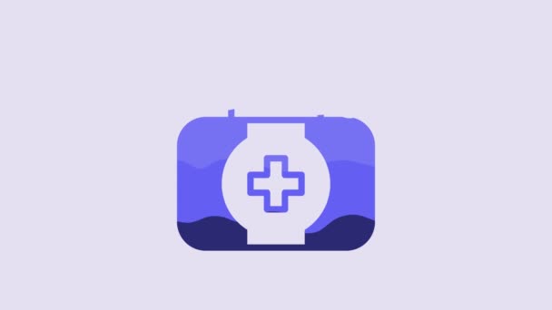 蓝色急救箱图标隔离在紫色背景 有交叉的医疗盒紧急医疗设备 卫生保健概念 4K视频运动图形动画 — 图库视频影像