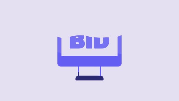 Ікона Синього Онлайн Аукціону Ізольована Фіолетовому Фоні Підствольний Знак Пропозиція — стокове відео