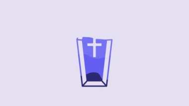 Blue Coffin with christian cross icon isolated on purple background. Happy Halloween party. 4K Video motion graphic animation.