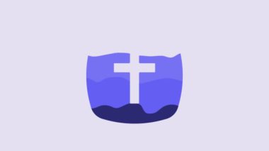 Blue Christian cross icon isolated on purple background. Church cross. 4K Video motion graphic animation.