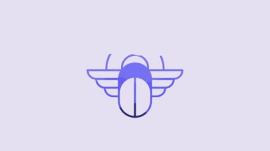 Mavi Mısırlı Scarab simgesi mor arkaplanda izole edilmiş. Kanatlı böcek ve güneş böceği. 4K Video hareketli grafik canlandırması.