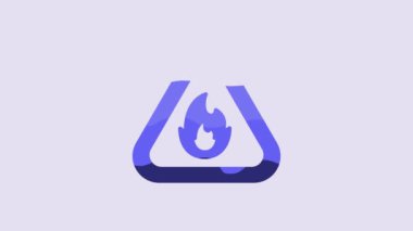Blue Fire flame in triangle icon isolated on purple background. Warning sign of flammable product. 4K Video motion graphic animation.