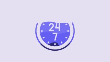 Blue Clock 24 hours icon isolated on purple background. All day cyclic icon. 24 hours service symbol. 4K Video motion graphic animation.