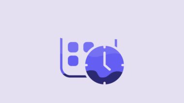 Blue Calendar and clock icon isolated on purple background. Schedule, appointment, organizer, timesheet, time management. 4K Video motion graphic animation.