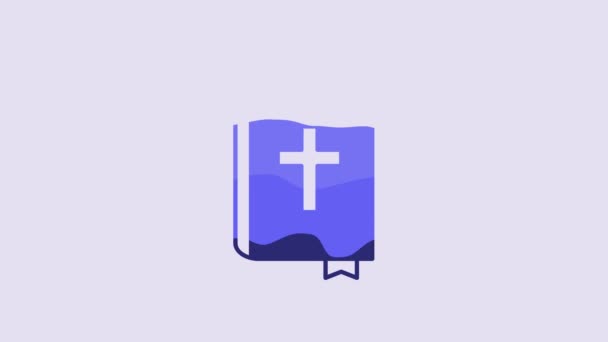 蓝色圣经上的图标孤立在紫色背景 4K视频运动图形动画 — 图库视频影像