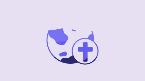 Синий Христианский Крест Земной Иконой Фиолетовом Фоне Всемирный День Религии — стоковое видео