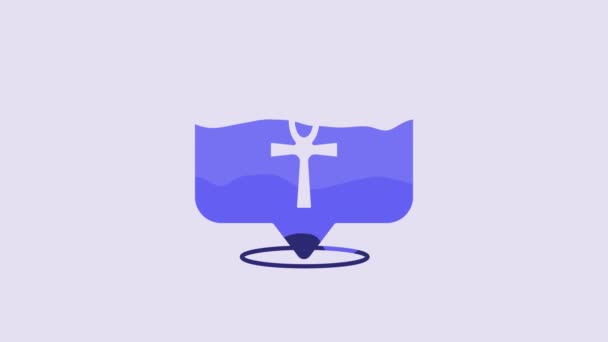 青十字アンクのアイコンは紫色の背景に隔離されています エジプト語で生命を意味する言葉や不死の象徴 4Kビデオモーショングラフィックアニメーション — ストック動画