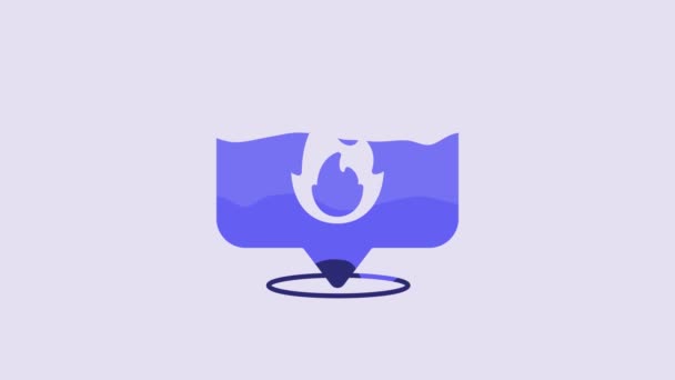 Blue Map Pointer Fire Flame Icon Isolated Purple Background Fire — Stockvideo