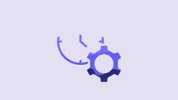 青時間管理アイコンは紫の背景に隔離されています 時計とギアのサイン 生産性のシンボル 4Kビデオモーショングラフィックアニメーション — ストック動画