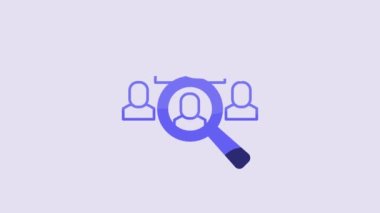 Blue Magnifying glass for search job icon isolated on purple background. Recruitment or selection concept. Search for employees and job. 4K Video motion graphic animation.