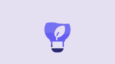Blue Light bulb with leaf icon isolated on purple background. Eco energy concept. Alternative energy concept. 4K Video motion graphic animation.