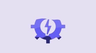 Blue Gear and lightning icon isolated on purple background. Electric power. Lightning bolt sign. 4K Video motion graphic animation.