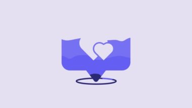 Blue Map pointer with heart icon isolated on purple background. Valentines day. Love location. Romantic map pin. 4K Video motion graphic animation.