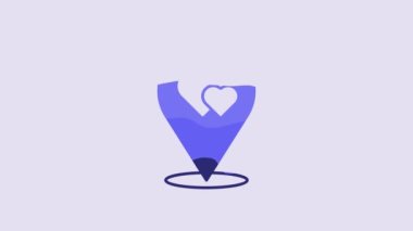 Blue Map pointer with heart icon isolated on purple background. Valentines day. Love location. Romantic map pin. 4K Video motion graphic animation.