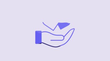 Blue Heart in hand icon isolated on purple background. Hand giving love symbol. Valentines day symbol. 4K Video motion graphic animation.