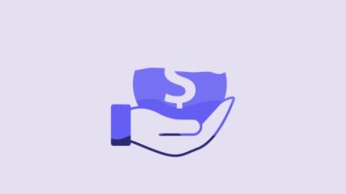 Blue Money with shield icon isolated on purple background. Insurance concept. Security, safety, protection, protect concept. 4K Video motion graphic animation.