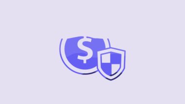 Blue Money with shield icon isolated on purple background. Insurance concept. Security, safety, protection, protect concept. 4K Video motion graphic animation.