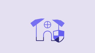 Blue House with shield icon isolated on purple background. Insurance concept. Security, safety, protection, protect concept. 4K Video motion graphic animation.