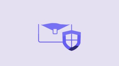 Blue Briefcase with shield icon isolated on purple background. Insurance concept. Security, safety, protection, protect concept. 4K Video motion graphic animation.