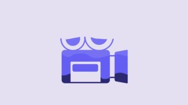 Blue Retro cinema camera icon isolated on purple background. Video camera. Movie sign. Film projector. 4K Video motion graphic animation.