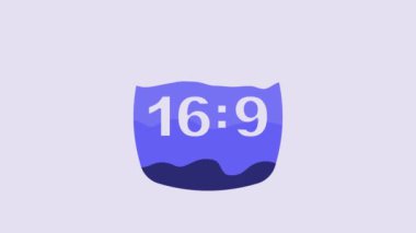 Blue Photo frame 16-9 icon isolated on purple background. 16-9 photo size. Camera sensor size. 4K Video motion graphic animation.
