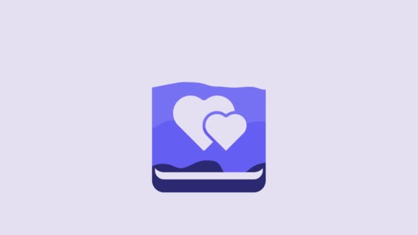 紫色の背景にハートアイコンが隔離されたブルーカレンダー バレンタインデー 愛のシンボル 2月14日 4Kビデオモーショングラフィックアニメーション — ストック動画