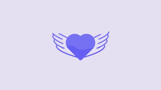 Coração Azul Com Asas Ícone Isolado Fundo Roxo Símbolo Amor — Vídeo de Stock