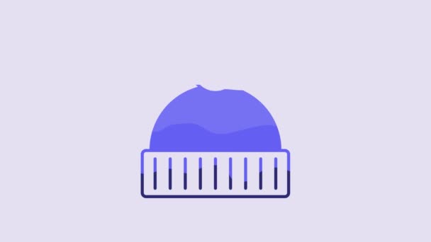 Blue Beanie Sombrero Icono Aislado Sobre Fondo Púrpura Animación Gráfica — Vídeos de Stock