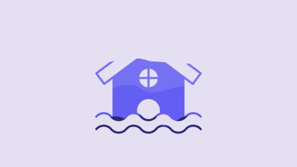 Blue House Flood Icon Isolated Purple Background Home Flooding Water — Vídeos de Stock