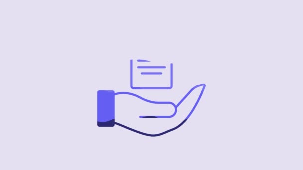 蓝色合同在手上的图标孤立在紫色的背景 保险概念 保护概念 4K视频运动图形动画 — 图库视频影像
