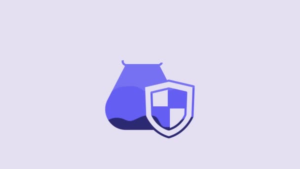 Blauer Geldbeutel Mit Schildsymbol Auf Violettem Hintergrund Versicherungskonzept Sicherheit Sicherheit — Stockvideo