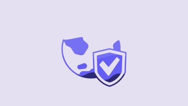 Blaues Schild Mit Weltkugelsymbol Auf Violettem Hintergrund Versicherungskonzept Sicherheit Sicherheit — Stockvideo