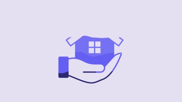 Blue House Hand Icon Isolated Purple Background Insurance Concept Security — 图库视频影像