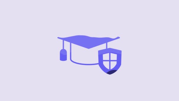 Blue Graduation Cap Shield Icon Isolated Purple Background Insurance Concept — ストック動画