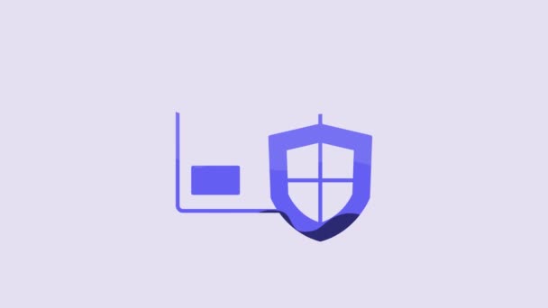 蓝色传递安全与盾牌图标隔离在紫色背景 送货保险 被保险的纸板箱在护盾之外 4K视频运动图形动画 — 图库视频影像