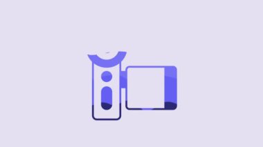 Blue Cinema camera icon isolated on purple background. Video camera. Movie sign. Film projector. 4K Video motion graphic animation.