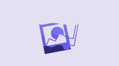 Blue Photo frame icon isolated on purple background. Vintage empty photos frame. 4K Video motion graphic animation.