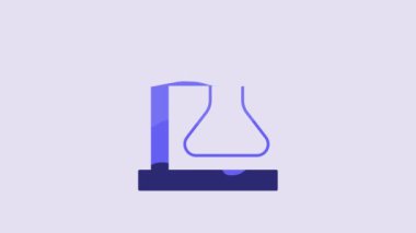 Blue Glass test tube flask on stand icon isolated on purple background. Laboratory equipment. 4K Video motion graphic animation.