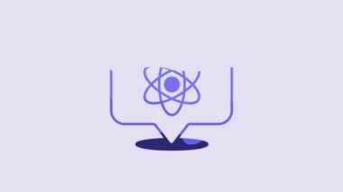Blue Atom icon isolated on purple background. Symbol of science, education, nuclear physics, scientific research. 4K Video motion graphic animation.