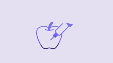 Blue Genetically modified apple icon isolated on purple background. GMO fruit. Syringe being injected to apple. 4K Video motion graphic animation.