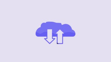 Blue Cloud download and upload icon isolated on purple background. 4K Video motion graphic animation.