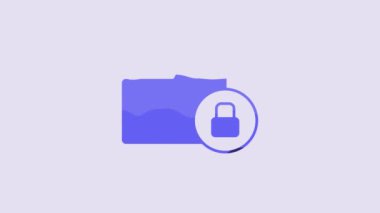 Blue Folder and lock icon isolated on purple background. Closed folder and padlock. Security, safety, protection concept. 4K Video motion graphic animation.