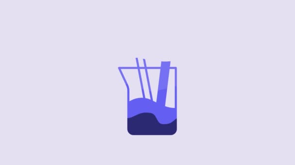 青の研究室のガラスウェアやビーカーのアイコンは 紫色の背景に隔離された 4Kビデオモーショングラフィックアニメーション — ストック動画