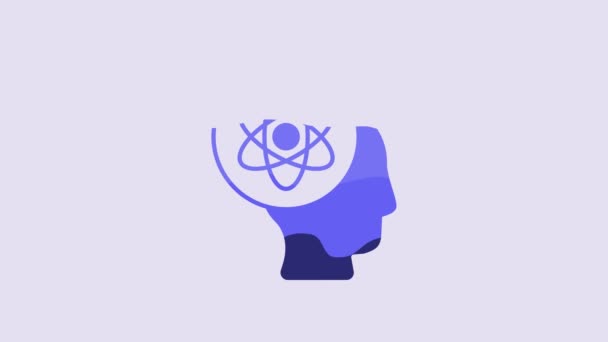 Icono Átomo Azul Aislado Sobre Fondo Púrpura Símbolo Ciencia Educación — Vídeo de stock