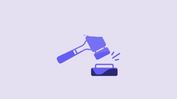 蓝色拍卖锤图标隔离在紫色背景 法官或拍卖商的加维尔锤 投标过程 拍卖投标 4K视频运动图形动画 — 图库视频影像