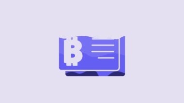 Blue Cryptocurrency coin Bitcoin icon isolated on purple background. Physical bit coin. Blockchain based secure crypto currency. 4K Video motion graphic animation.