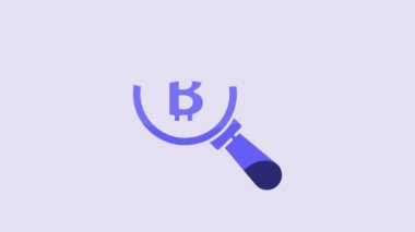 Blue Magnifying glass with Bitcoin icon isolated on purple background. Physical bit coin. Blockchain based secure crypto currency. 4K Video motion graphic animation.