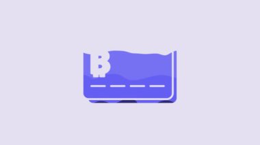 Blue Credit card with bitcoin icon isolated on purple background. Online payment. Cash withdrawal. Modern method of payment. 4K Video motion graphic animation.
