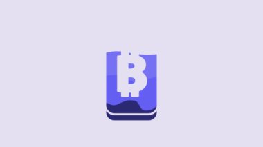 Blue Mining bitcoin from mobile icon isolated on purple background. Cryptocurrency mining, blockchain technology service. 4K Video motion graphic animation.